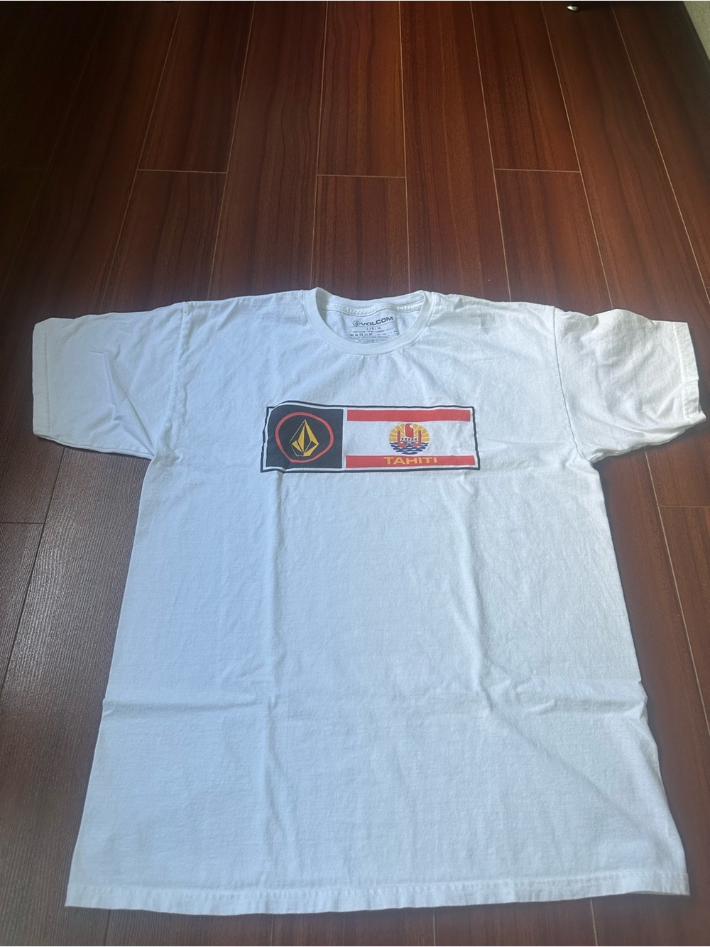 Volcom White Short-Sleeve Tahiti Graphic Tee with Red and Black Accents